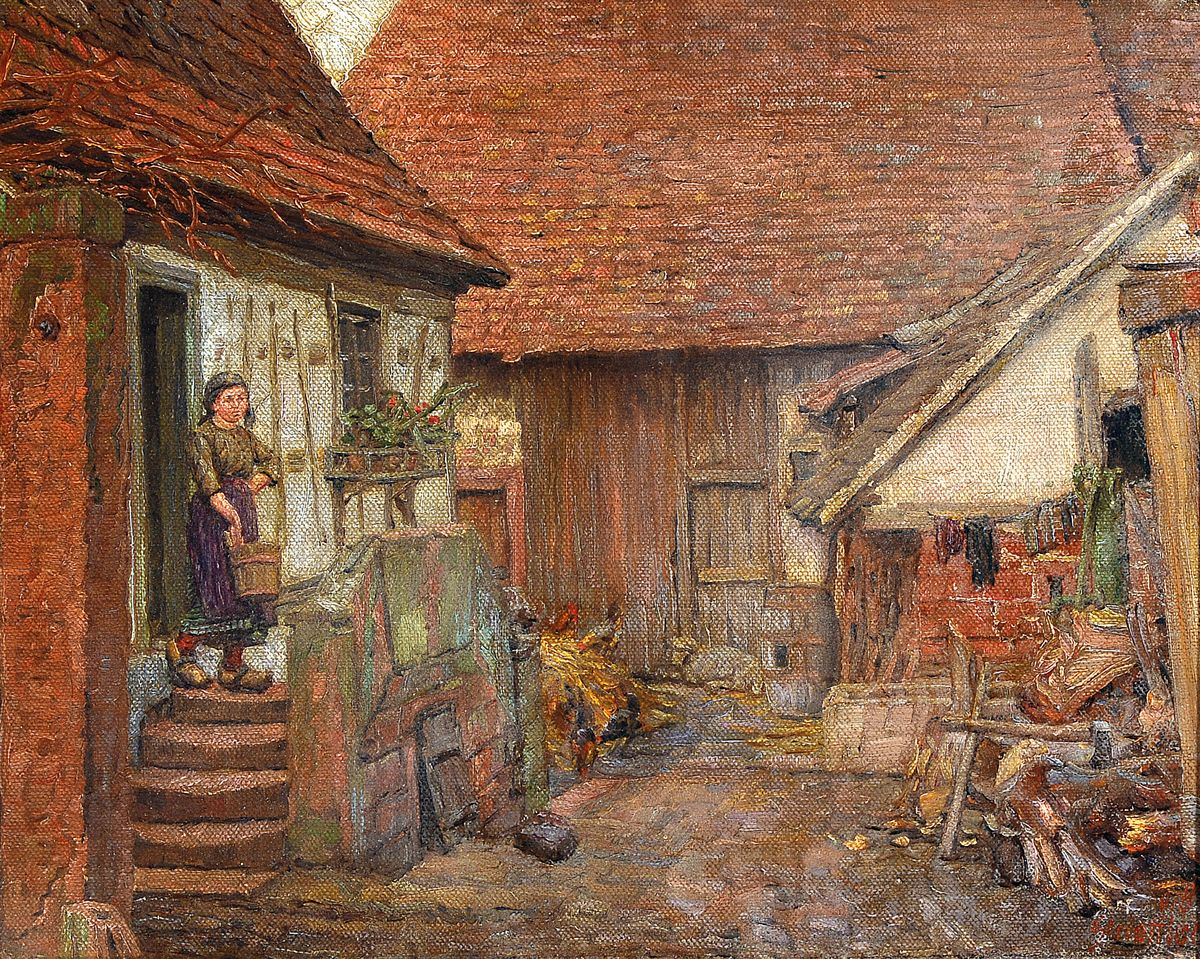 Heinrich Strieffler, 1872 Neustadt - 1949 Landau, Studium an der Akademie München, Blick in einen bäuerlichen Hinterhof, links junge Bäuerin, ...