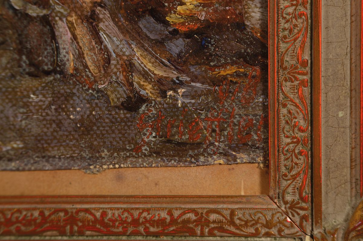 Detail a: Heinrich Strieffler, 1872 Neustadt - 1949 Landau, Studium an der Akademie München, Blick in einen bäuerlichen Hinterhof, links junge Bäuerin, ...