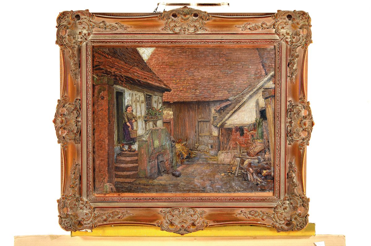 Detail k: Heinrich Strieffler, 1872 Neustadt - 1949 Landau, Studium an der Akademie München, Blick in einen bäuerlichen Hinterhof, links junge Bäuerin, ...