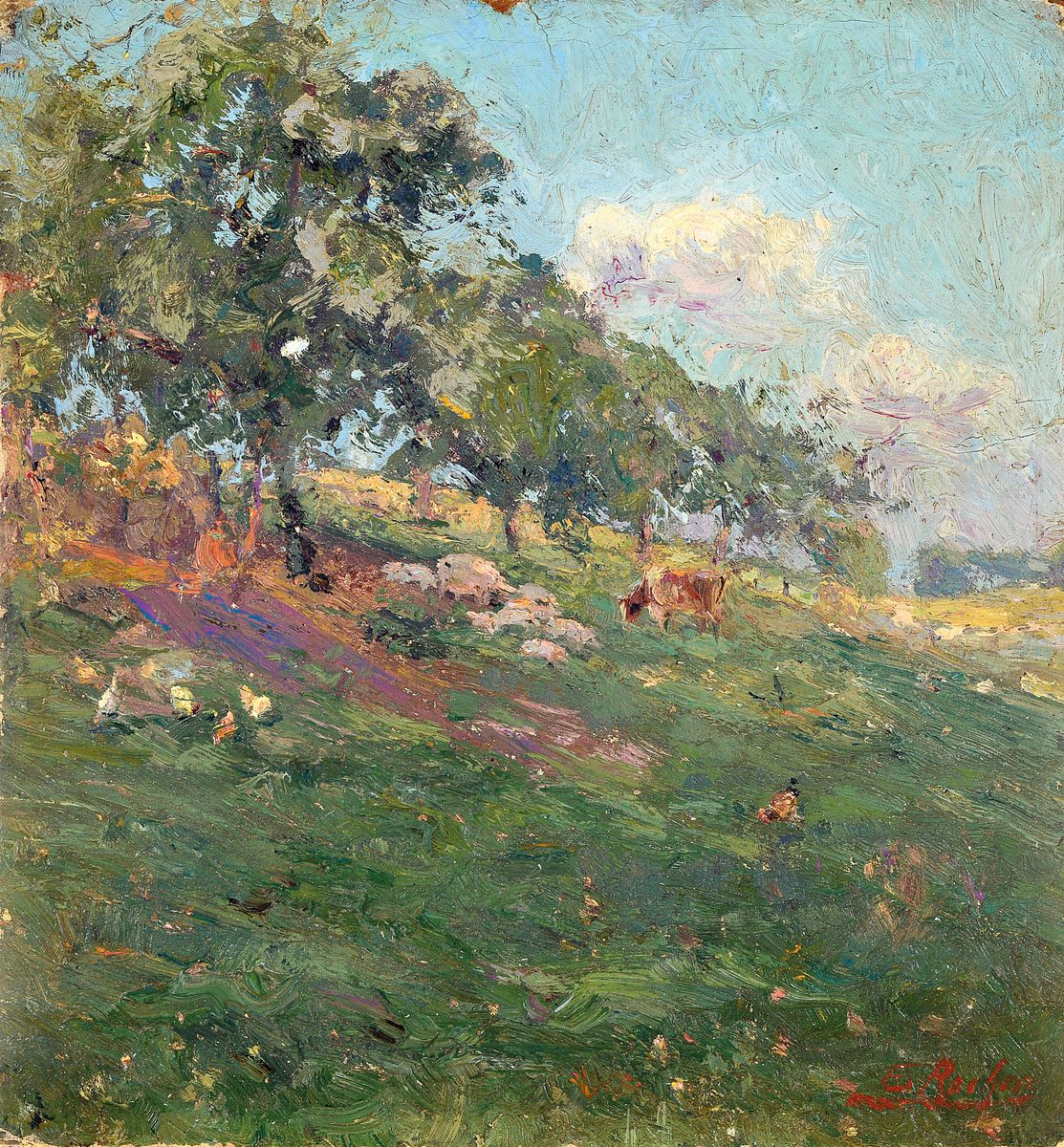 Ernest Rocher, 1872 Molenbeek/St.Jean - 1938 Forest/Belgien, Studium an der Akademie Brüssel, französische Ardennen-Landschaft, in die Tiefe ...