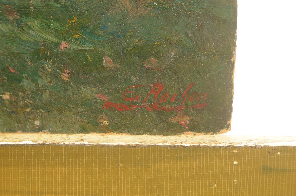 Detail a: Ernest Rocher, 1872 Molenbeek/St.Jean - 1938 Forest/Belgien, Studium an der Akademie Brüssel, französische Ardennen-Landschaft, in die Tiefe ...