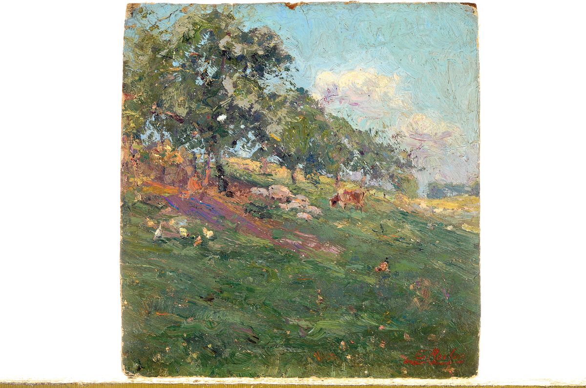 Detail k: Ernest Rocher, 1872 Molenbeek/St.Jean - 1938 Forest/Belgien, Studium an der Akademie Brüssel, französische Ardennen-Landschaft, in die Tiefe ...