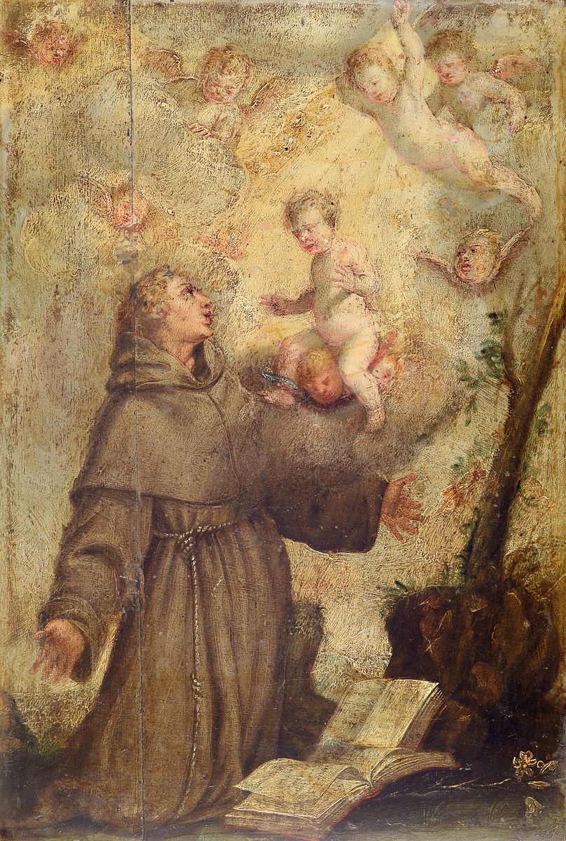 Unbekannter Künstler, süddeutsch, um 1790, Der Hl. Franziskus empfängt die Stigmata, Öl/Holz, Holzplatte aus zwei Teilen zusammengefügt, ca. ...