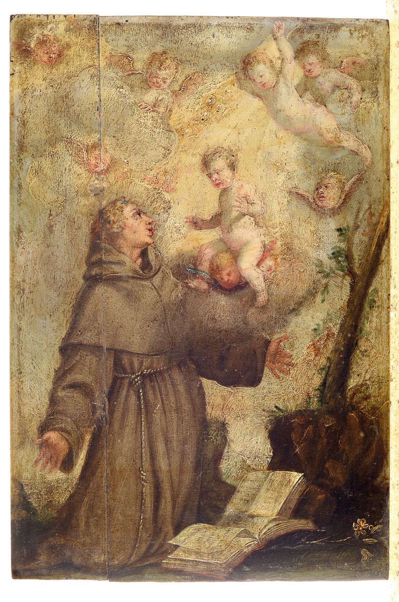 Detail k: Unbekannter Künstler, süddeutsch, um 1790, Der Hl. Franziskus empfängt die Stigmata, Öl/Holz, Holzplatte aus zwei Teilen zusammengefügt, ca. ...