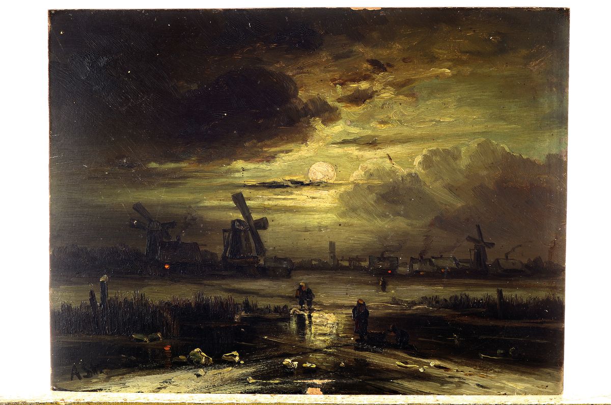 Detail k: Zuschreibung: Adolf Stademann, 1824-1895 München, Vollmondnacht über holländischer Landschaft mit Personen auf dem Eis, Öl/Platte, links unten ...