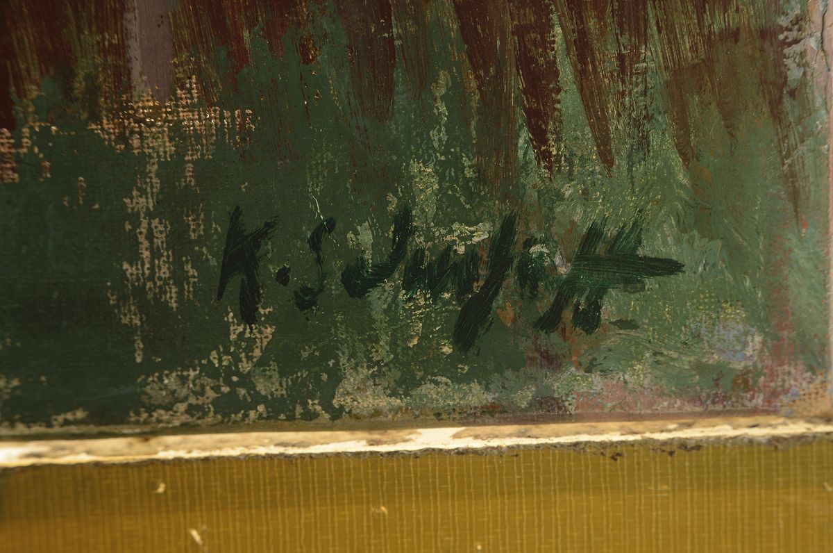 Detail a: Käthe Schmitz-Imhoff, 1893-1984 Köln, Fischerhütten an der Weichsel, rückseitig so betitelt, Öl/Lwd, rechts unten signiert, ca. 54x65cm