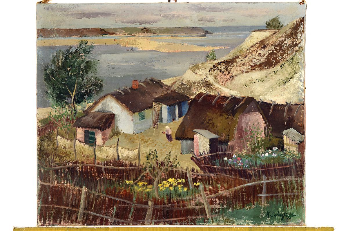 Detail k: Käthe Schmitz-Imhoff, 1893-1984 Köln, Fischerhütten an der Weichsel, rückseitig so betitelt, Öl/Lwd, rechts unten signiert, ca. 54x65cm