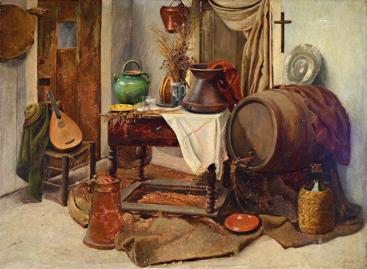 F. Apfel, datiert 1894, bäuerliches Interieur, Öl/Lwd, rechts unten signiert und datiert, rechts oben Druckstelle mit kleiner Farbabreibung, ca. ...