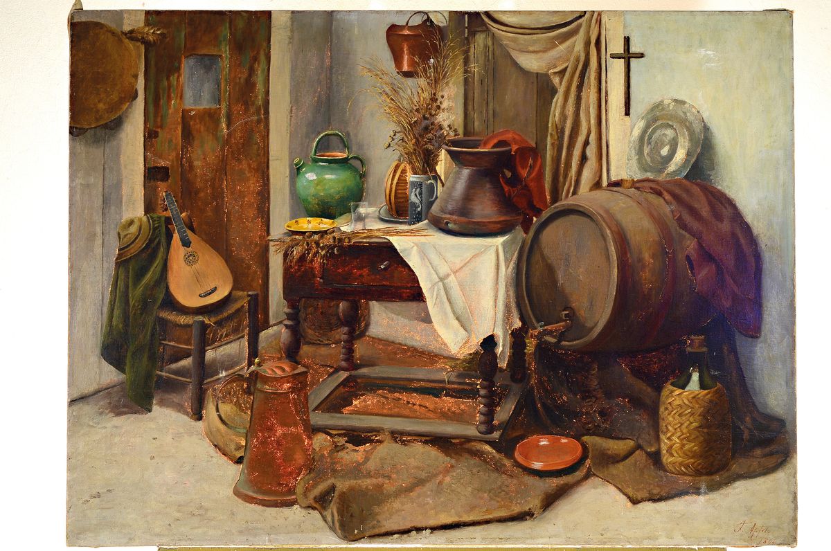 Detail k: F. Apfel, datiert 1894, bäuerliches Interieur, Öl/Lwd, rechts unten signiert und datiert, rechts oben Druckstelle mit kleiner Farbabreibung, ca. ...