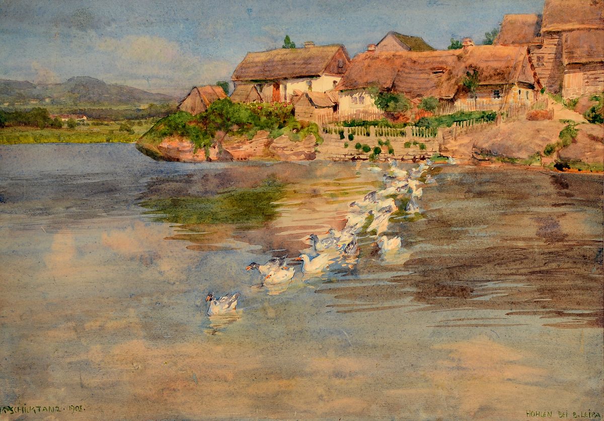 Karl Schicktanz, 1858-letzte Erwähnung 1938 Dresden, deutscher Maler, Grafiker und Illustrator, hier: Hohlen bei Leipa, Gänse auf dem Wasser, im ...