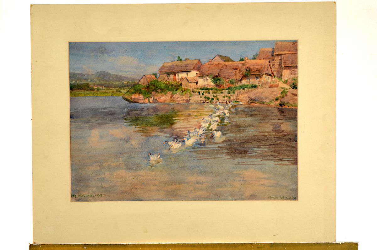 Detail k: Karl Schicktanz, 1858-letzte Erwähnung 1938 Dresden, deutscher Maler, Grafiker und Illustrator, hier: Hohlen bei Leipa, Gänse auf dem Wasser, im ...