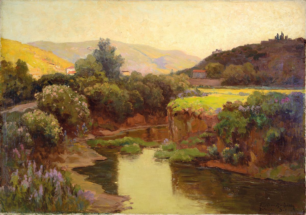 Eugen Karpathy, 1871 Debrecen-1950, Studium in Budapest, Paris und Brüssel, hier: Zelenika Dalmatia, so rechts unten betitelt, Hügelige Landschaft ...