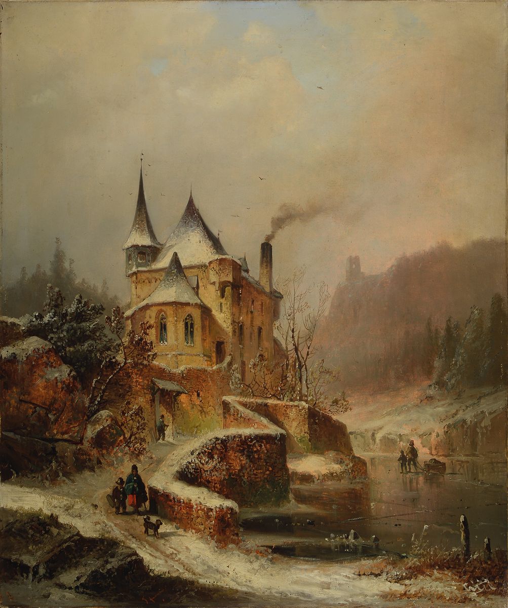 Unbekannter Maler des 19. Jh., Winterlandschaft mit Burg, Fluss und Personen, Öl/Lwd, unsigniert, ca. 88x73cm