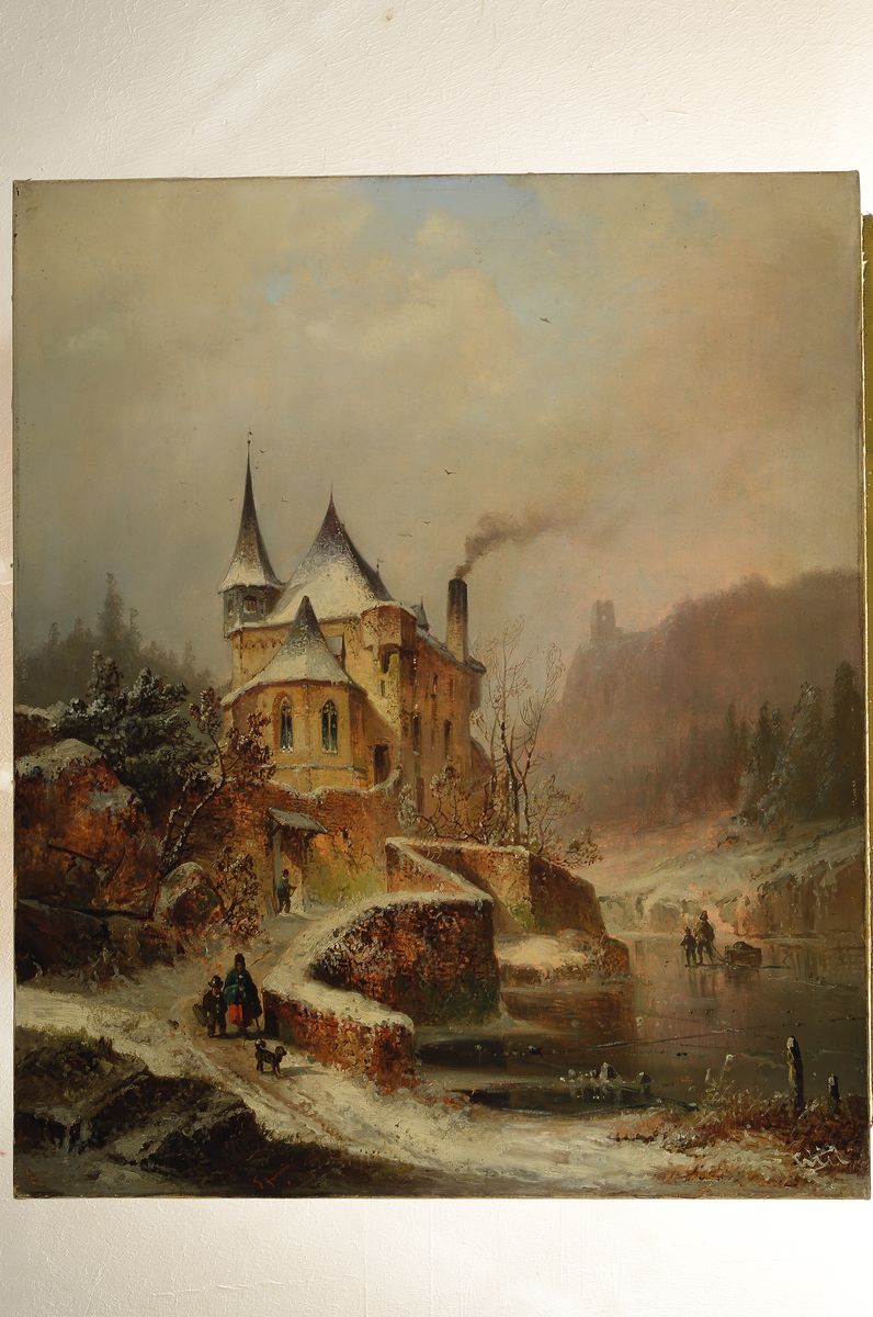 Detail k: Unbekannter Maler des 19. Jh., Winterlandschaft mit Burg, Fluss und Personen, Öl/Lwd, unsigniert, ca. 88x73cm