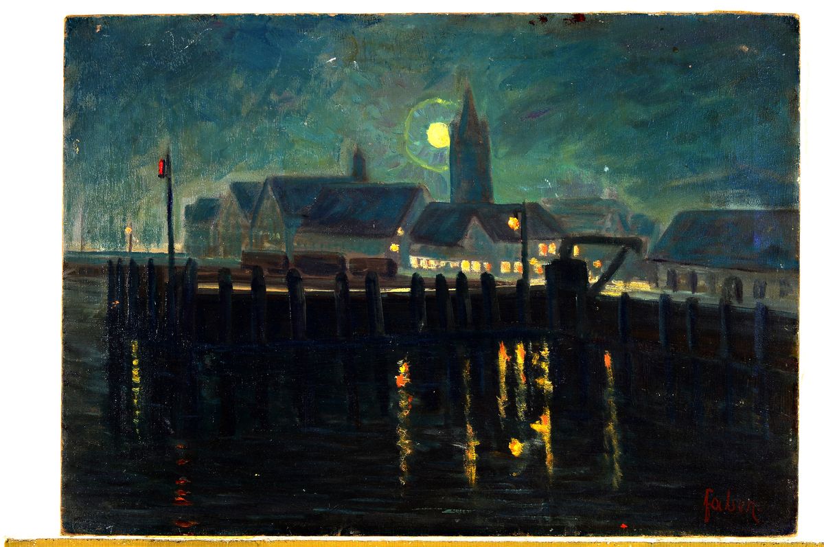 Detail k: Eugen Faber, 1884-1952 Kirchheim/Teck, Vollmond über Friedrichshafen, Öl/Lwd, rechts unten signiert, rückseitig bezeichnet Friedrichshafen, ...