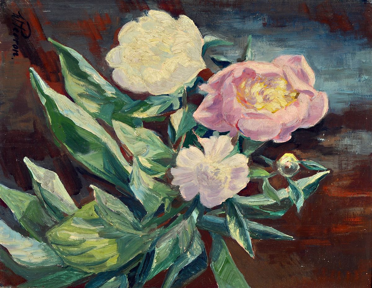 Walter Perron, 1895-1970 Frankenthal, Schüler von Karl Dillinger, Fritz Boehle und Josef Sailer, hier: Blumenstillleben, Öl/Malkarton, links unten ...