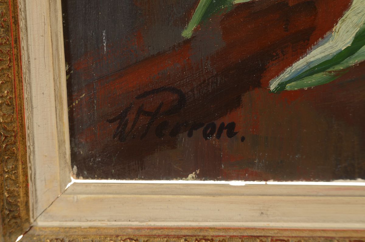 Detail a: Walter Perron, 1895-1970 Frankenthal, Schüler von Karl Dillinger, Fritz Boehle und Josef Sailer, hier: Blumenstillleben, Öl/Malkarton, links unten ...