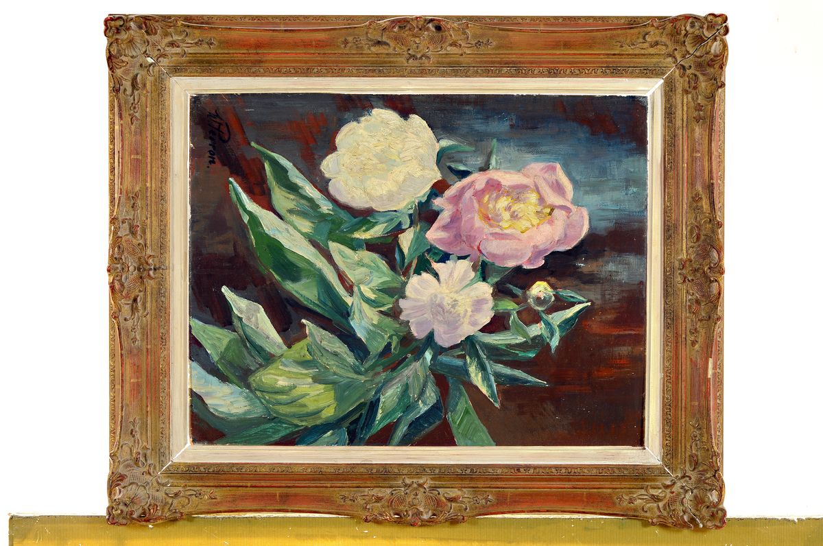 Detail k: Walter Perron, 1895-1970 Frankenthal, Schüler von Karl Dillinger, Fritz Boehle und Josef Sailer, hier: Blumenstillleben, Öl/Malkarton, links unten ...