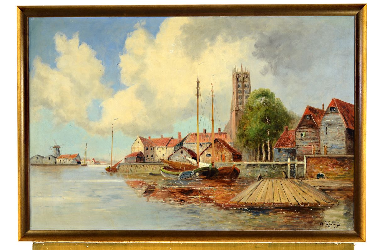 Detail k: A. Koning, Niederlande, um 1950, Niederländische Hafenansicht, Öl/Lwd, rechts unten signiert, ca. 57x82cm
