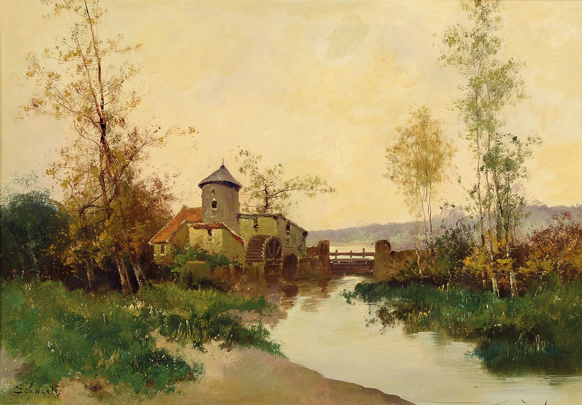 Schwartz, Maler der 2. Hälfte des 19. Jh., Herbstliche Landschaft mit Stauwehr und Schleusenhaus, Öl/Lwd, rest., links unten signiert, ca. 38x55cm, ...
