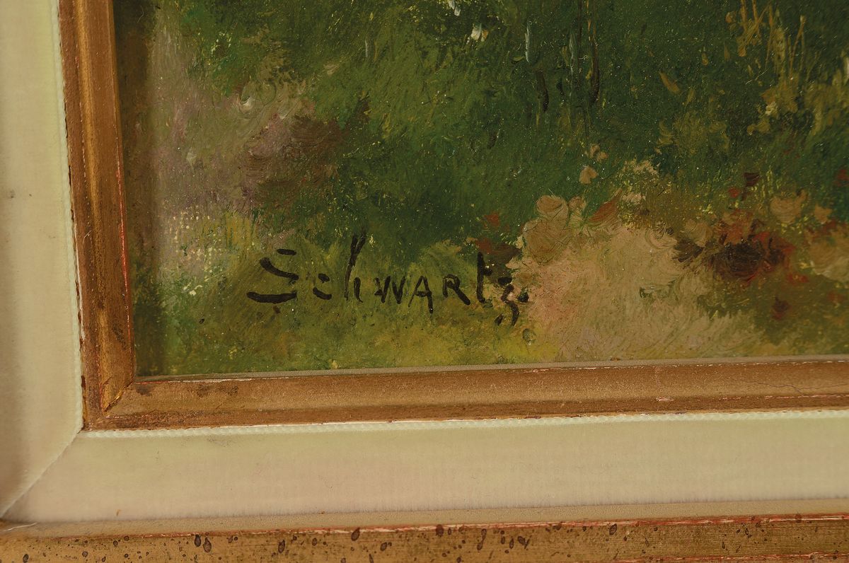 Detail a: Schwartz, Maler der 2. Hälfte des 19. Jh., Herbstliche Landschaft mit Stauwehr und Schleusenhaus, Öl/Lwd, rest., links unten signiert, ca. 38x55cm, ...