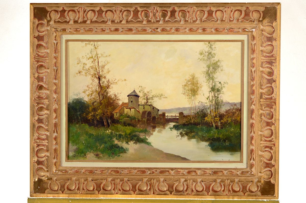 Detail k: Schwartz, Maler der 2. Hälfte des 19. Jh., Herbstliche Landschaft mit Stauwehr und Schleusenhaus, Öl/Lwd, rest., links unten signiert, ca. 38x55cm, ...