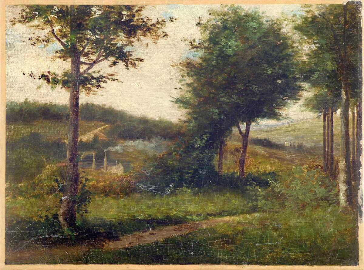 Unbekannter Künstler, wohl Frankreich, um 1900, Weite Landschaft mit Bäumen und einer Fabrik im Tal, Öl/Lwd, rest., doubl., altersbedingte ...