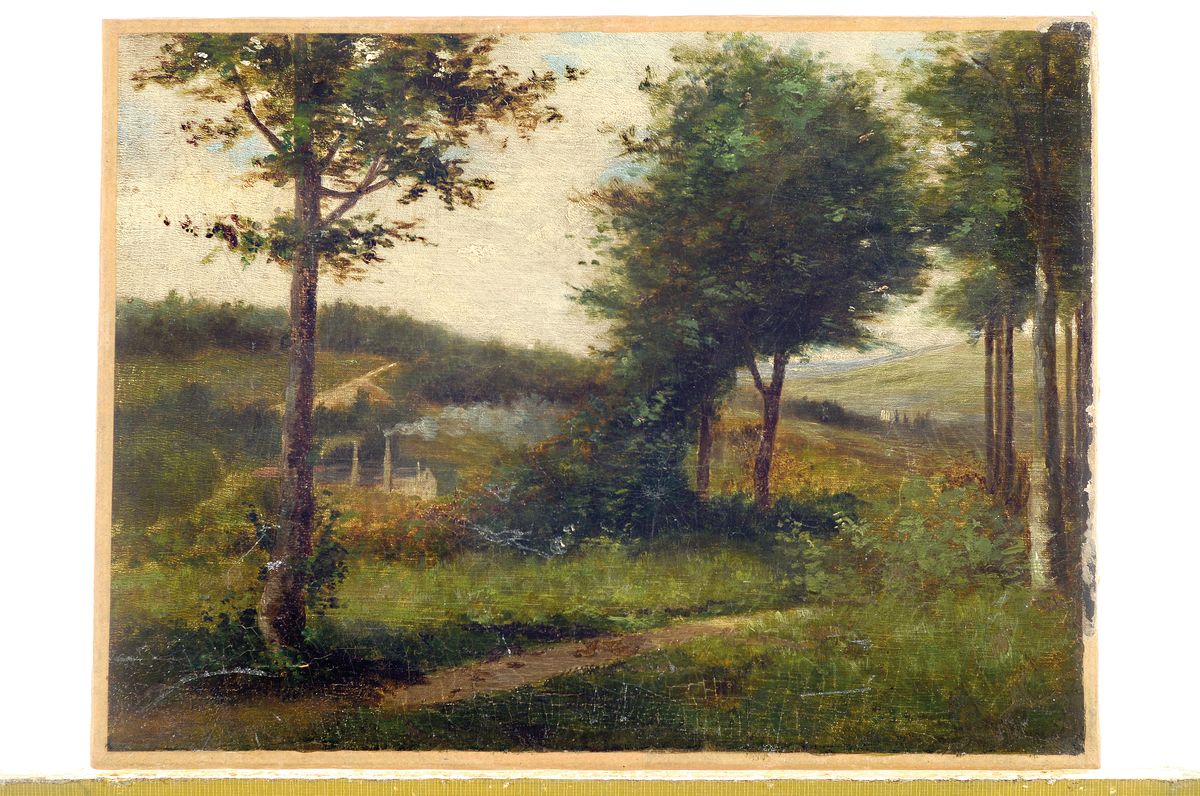 Detail k: Unbekannter Künstler, wohl Frankreich, um 1900, Weite Landschaft mit Bäumen und einer Fabrik im Tal, Öl/Lwd, rest., doubl., altersbedingte ...