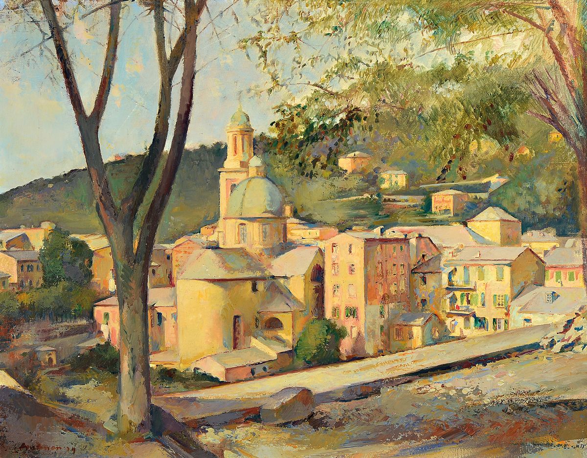 Unbekannter Künstler, Mitte 20. Jh., Blick auf eine südliche Stadt, Öl/Lwd, links unten signiert, ca. 49x64cm, R. ca. 64x77.5cm