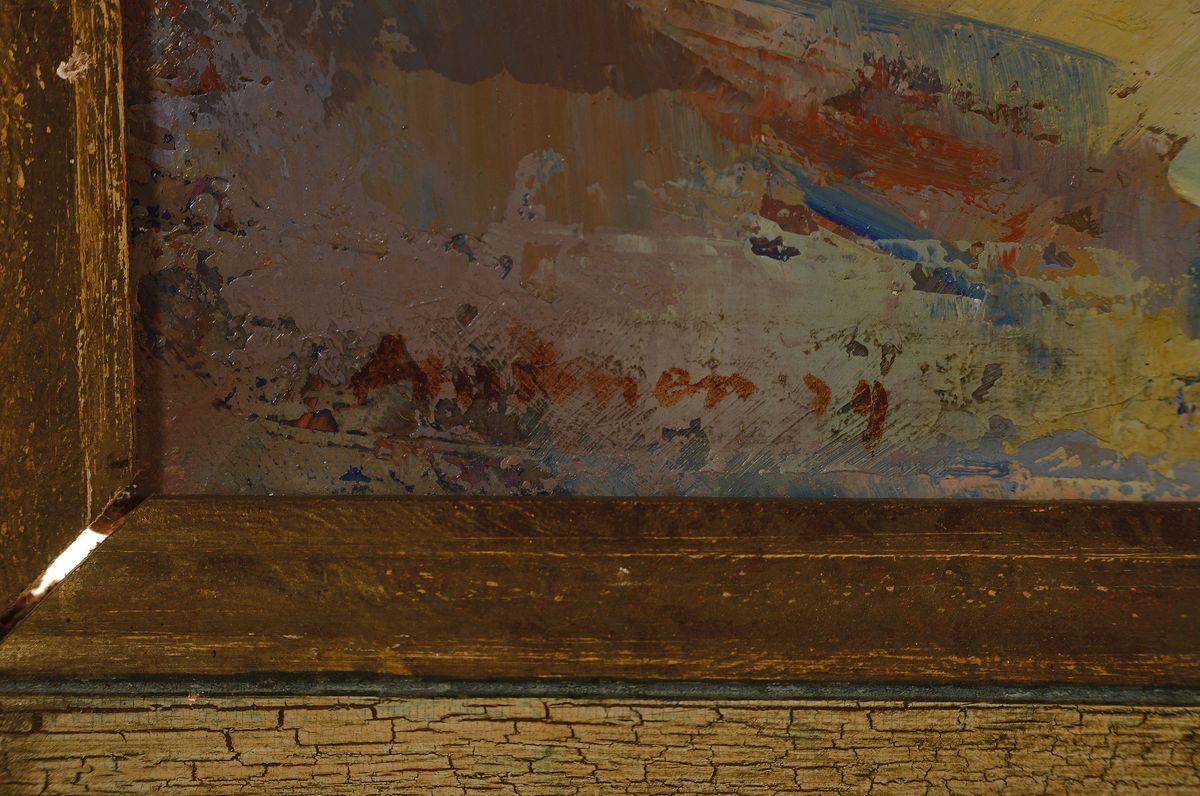 Detail a: Unbekannter Künstler, Mitte 20. Jh., Blick auf eine südliche Stadt, Öl/Lwd, links unten signiert, ca. 49x64cm, R. ca. 64x77.5cm