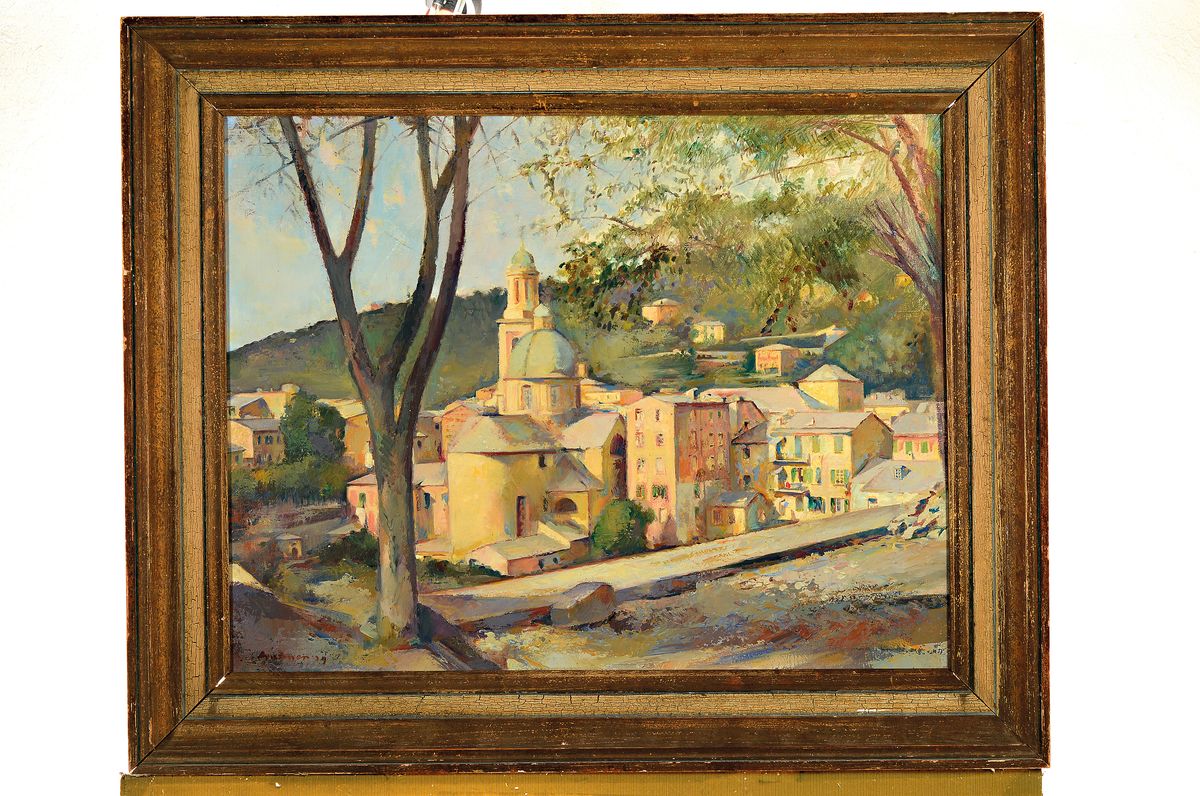 Detail k: Unbekannter Künstler, Mitte 20. Jh., Blick auf eine südliche Stadt, Öl/Lwd, links unten signiert, ca. 49x64cm, R. ca. 64x77.5cm