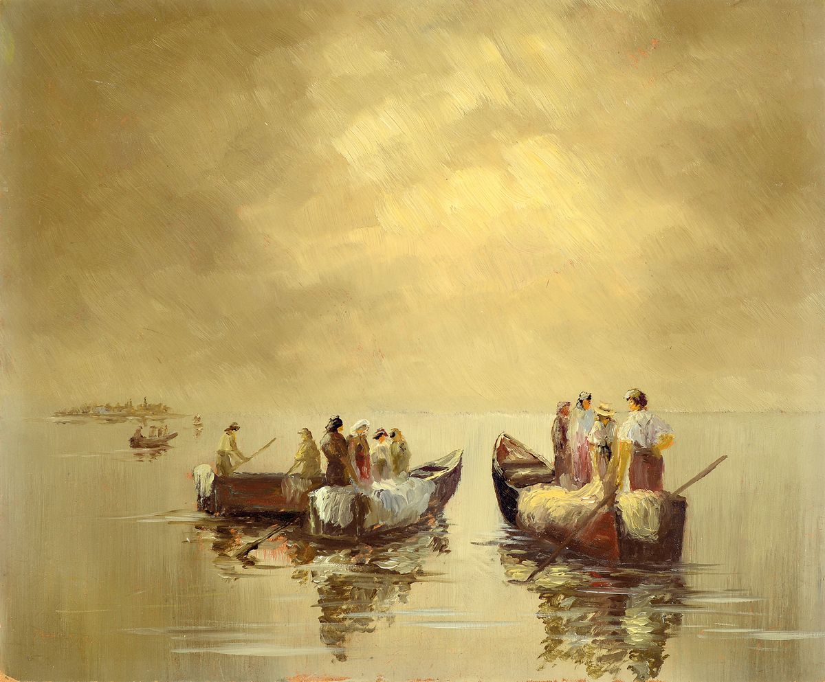 Albert Wenz, Münchener Maler, wohl Schüler von Wenglein, hier: Fischerboote auf dem Chiemsee im Morgengrauen, Öl/Hartfaser, links unten signiert, ...