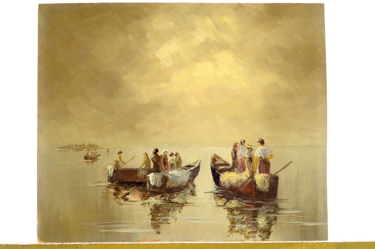 Detail k: Albert Wenz, Münchener Maler, wohl Schüler von Wenglein, hier: Fischerboote auf dem Chiemsee im Morgengrauen, Öl/Hartfaser, links unten signiert, ...
