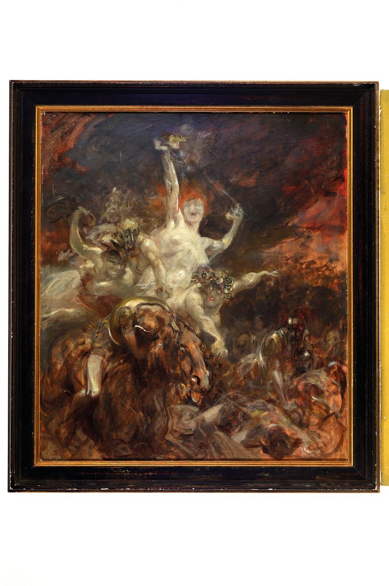 Detail k: Hanns Fay, 1888 Frankenthal-1957 Neustadt a.d. Weinstr., mythologische Szene, vielfigurige Darstellung einer Kriegerin zu Pferd, begleitet von einer ...