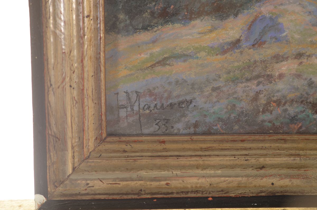 Detail a: Heinrich Maurer, geb. 1861, Maler aus Annweiler, Blaue Stunde über südpfälzer Landschaft, Pastell auf Papier, links unten signiert, dat. 33, ...