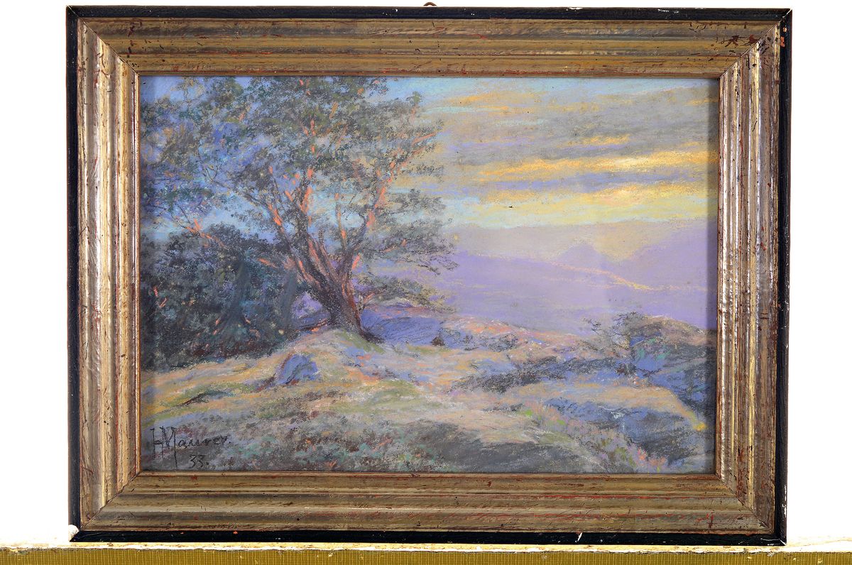 Detail k: Heinrich Maurer, geb. 1861, Maler aus Annweiler, Blaue Stunde über südpfälzer Landschaft, Pastell auf Papier, links unten signiert, dat. 33, ...
