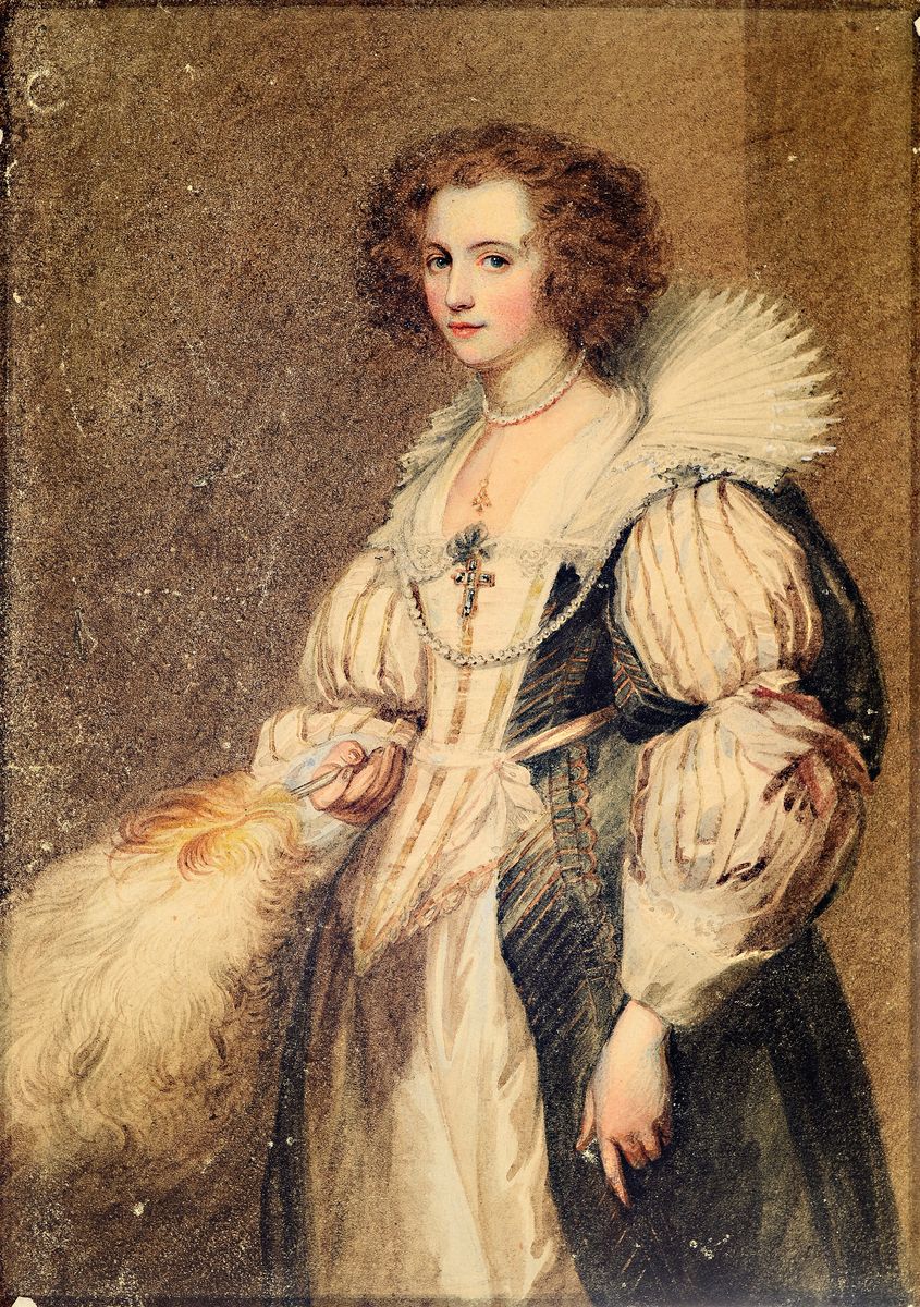 George Lethbridge Sanders, 1774-1846, Porträt einer Edeldame mit Spitzenkragen, Federfächer und opulentem Kleid, feine Gouachemalerei auf Papier, ...