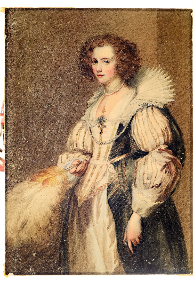 Detail k: George Lethbridge Sanders, 1774-1846, Porträt einer Edeldame mit Spitzenkragen, Federfächer und opulentem Kleid, feine Gouachemalerei auf Papier, ...