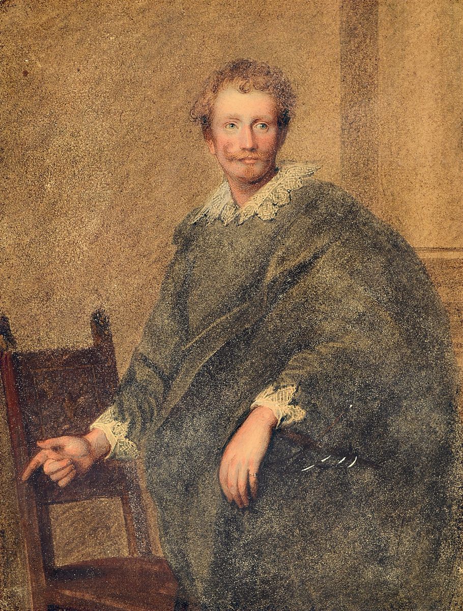 Unbekannter, wohl englischer Künstler, um 1830, Porträt eines Gelehrten mit Spitzenkragen und Bart, den rechten Arm zeigend ausgestreckt, Pastell ...