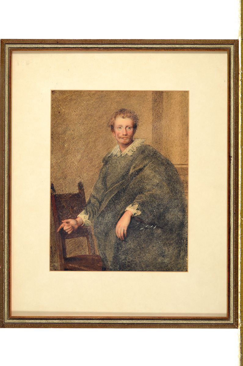 Detail k: Unbekannter, wohl englischer Künstler, um 1830, Porträt eines Gelehrten mit Spitzenkragen und Bart, den rechten Arm zeigend ausgestreckt, Pastell ...