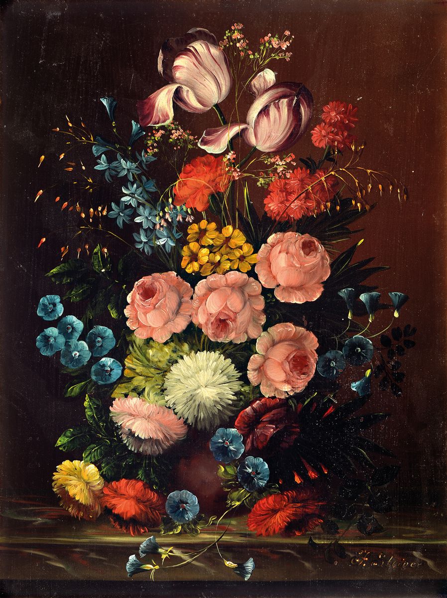 F. Steiner, Traditionalist des 20. Jh., Üppiges Blumenstillleben im Stil der alten flämischen Meister, Öl/Kupferplatte, rechts unten signiert, ca. ...