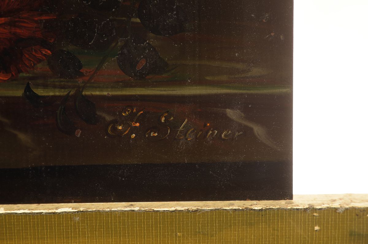 Detail a: F. Steiner, Traditionalist des 20. Jh., Üppiges Blumenstillleben im Stil der alten flämischen Meister, Öl/Kupferplatte, rechts unten signiert, ca. ...