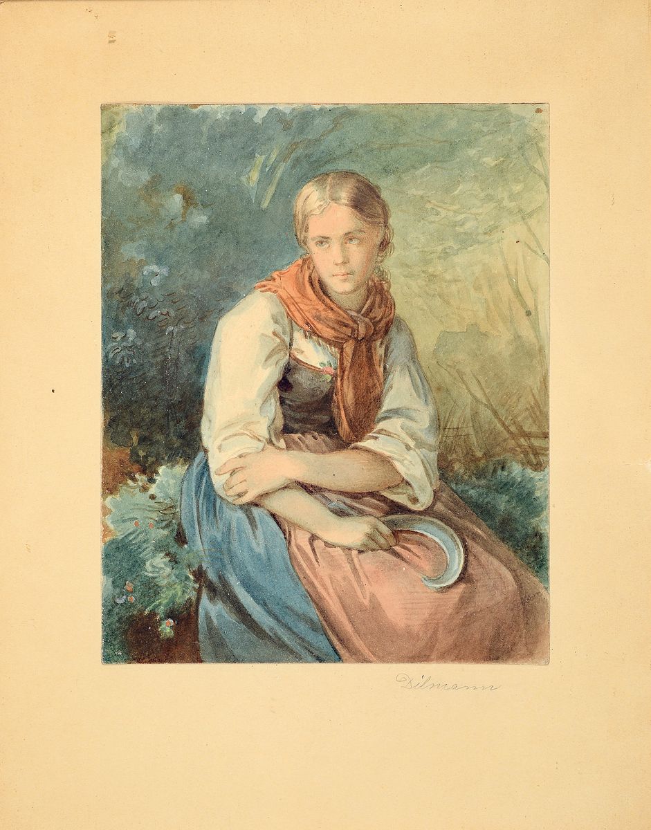Zuschreibung: Jakob Fürchtegott Dielmann, 1809-1885, Sitzende junge Bäuerin mit Sichel, feine differenzierte Aquarellmalerei auf Papier, ...