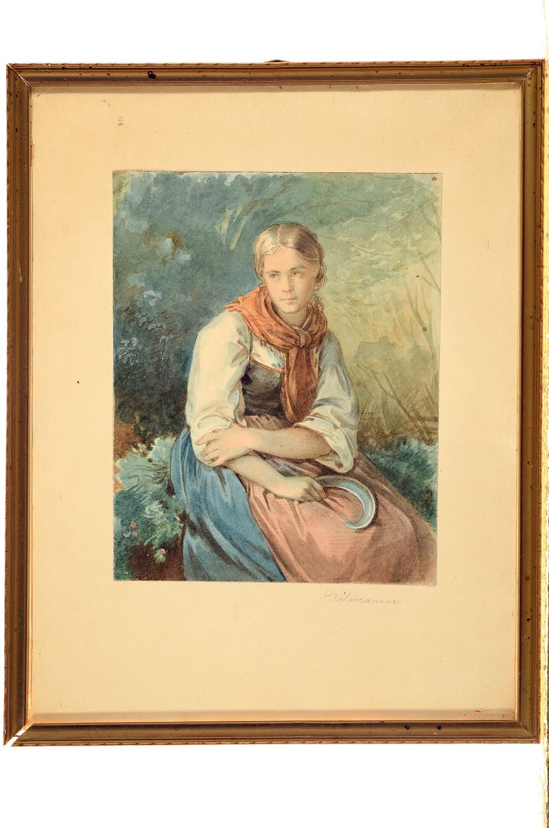 Detail k: Zuschreibung: Jakob Fürchtegott Dielmann, 1809-1885, Sitzende junge Bäuerin mit Sichel, feine differenzierte Aquarellmalerei auf Papier, ...