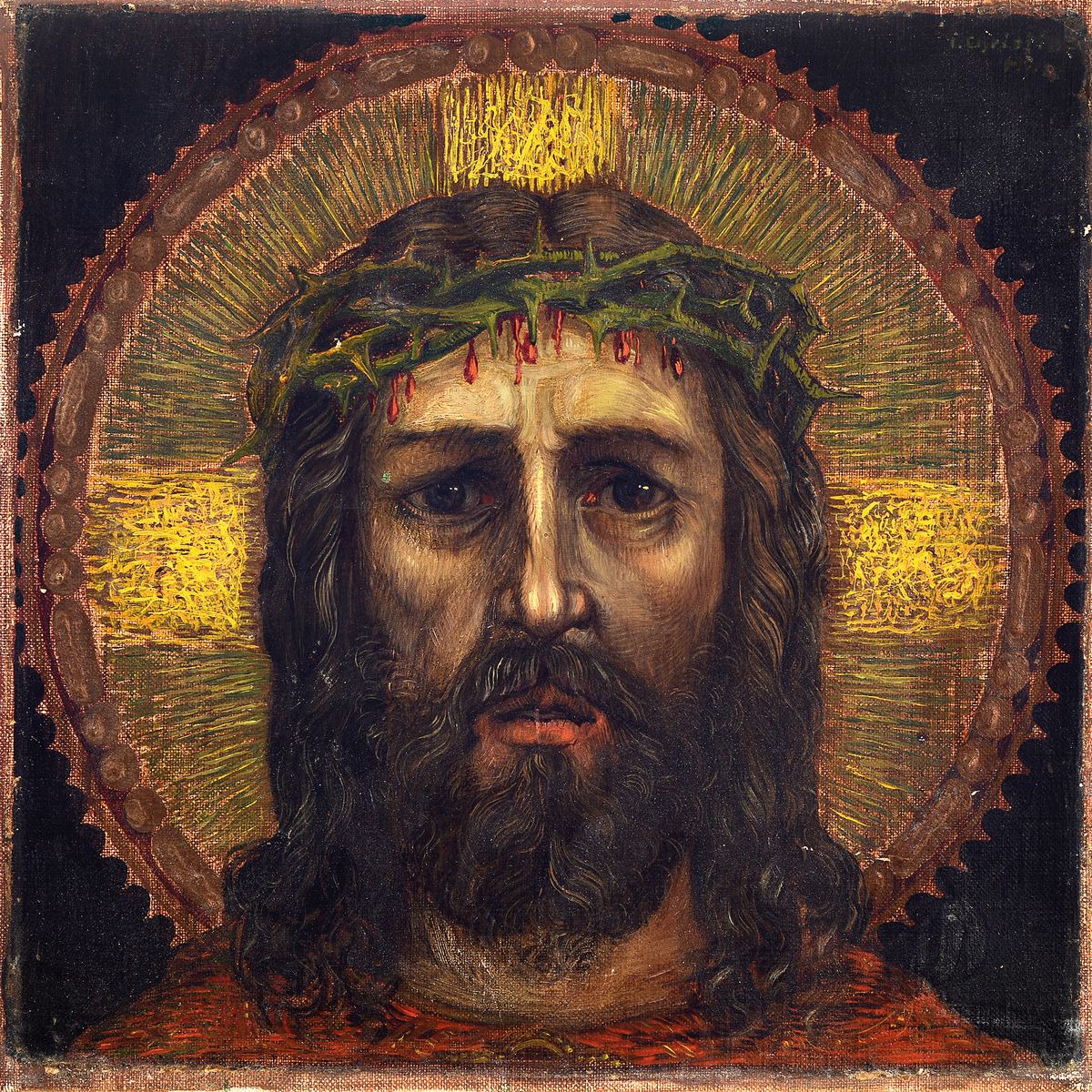 Unbekannter Künstler, deutsch, um 1910-20, Christus mit der Dornenkrone und Aureole, Öl/Lwd, ca. 28x28cm