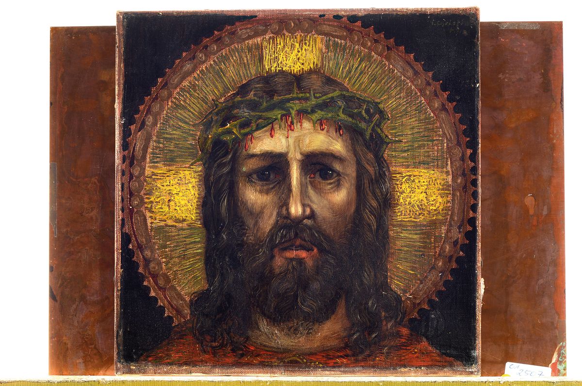 Detail k: Unbekannter Künstler, deutsch, um 1910-20, Christus mit der Dornenkrone und Aureole, Öl/Lwd, ca. 28x28cm