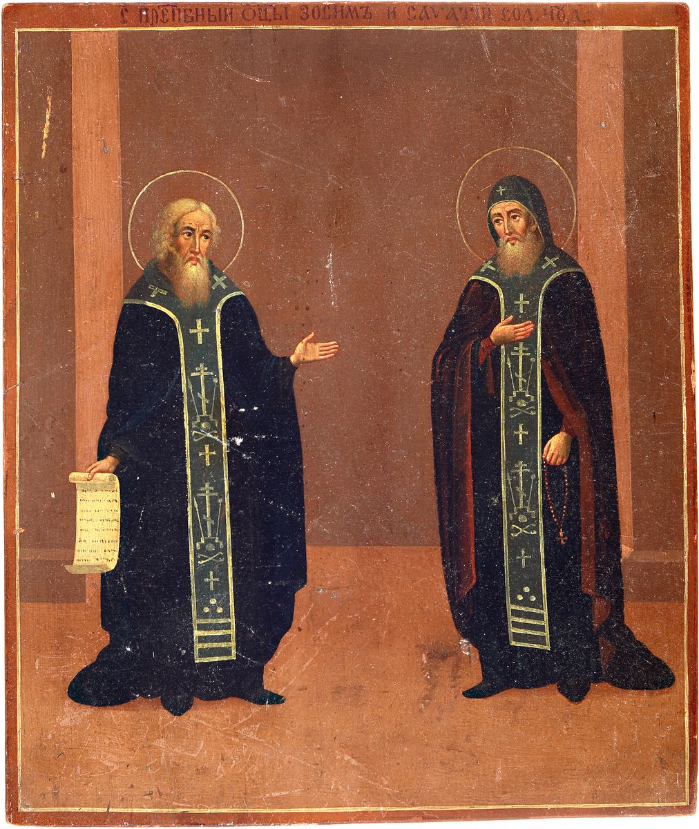 Ikone, Russland, um 1900, Hl. Antonius und Hl. Feodosij, Tempera auf Holz, kleinere Oberflächenschäden, ca. 33x28cm