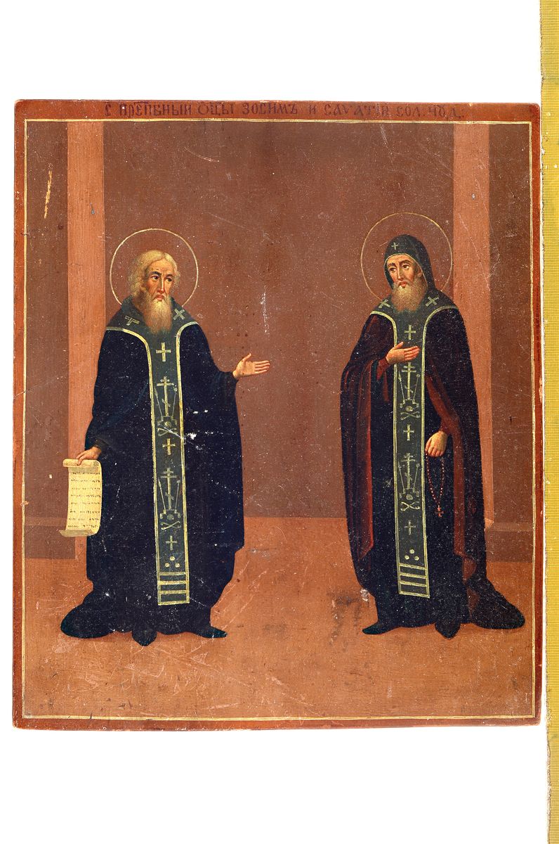 Detail k: Ikone, Russland, um 1900, Hl. Antonius und Hl. Feodosij, Tempera auf Holz, kleinere Oberflächenschäden, ca. 33x28cm