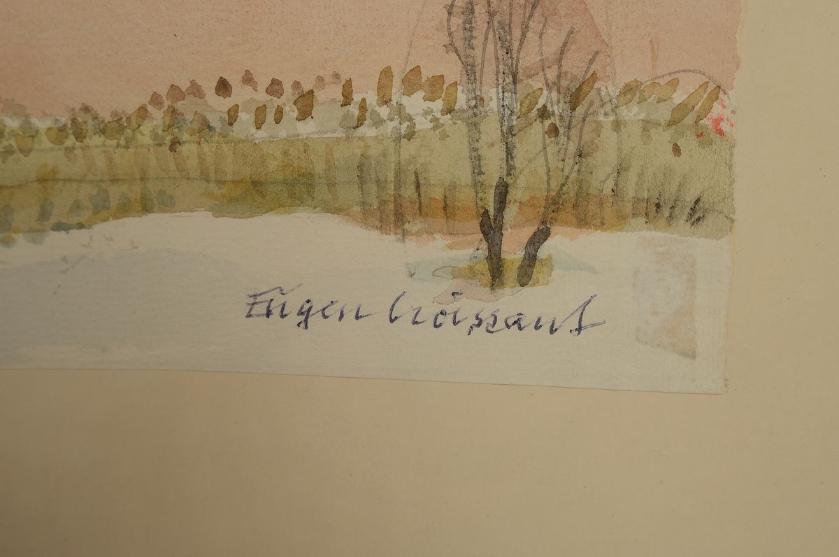 Detail a: Eugen Croissant, 1868 Landau - 1976 Breitbrunn, Aquarell, Chiemseelandschaft im Zwielicht, sich spiegelndes Alpenpanorama, rechts unten signiert, ...