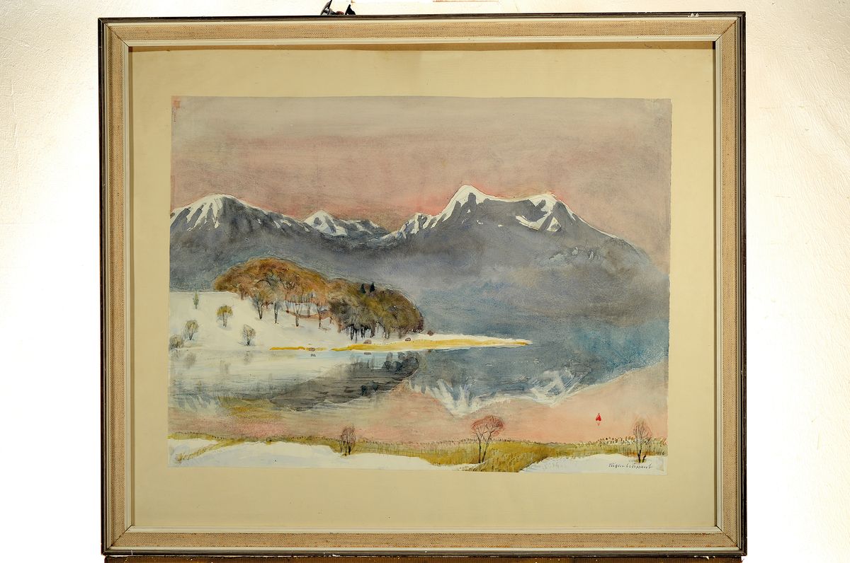 Detail k: Eugen Croissant, 1868 Landau - 1976 Breitbrunn, Aquarell, Chiemseelandschaft im Zwielicht, sich spiegelndes Alpenpanorama, rechts unten signiert, ...